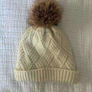 Cream Knit Beanie with Brown Pom Pom